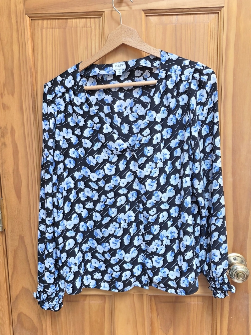 J. Crew Black Blouse with Light Blue Floral Print